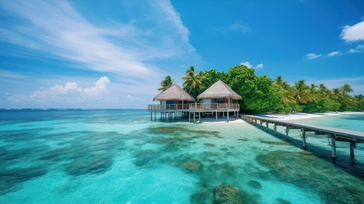 Aerial view of tropical overwater bungalows with clear turquoise water and lush greenery