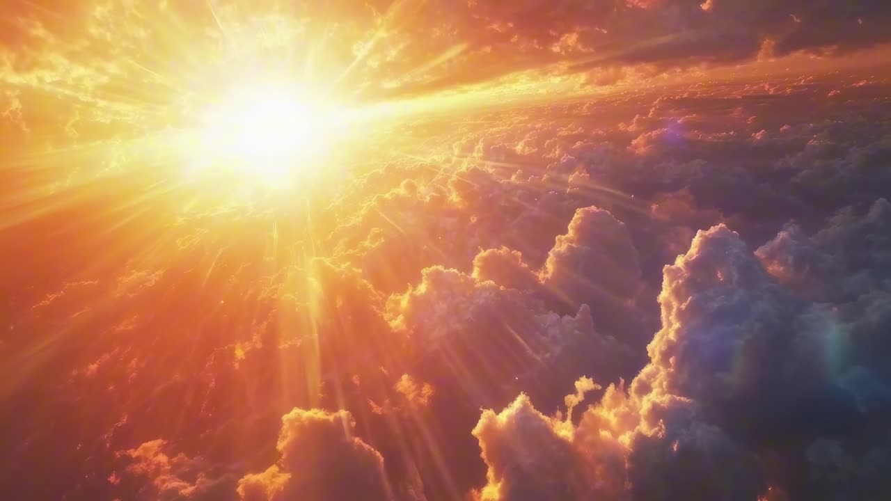 Aerial view of a vibrant sunset above clouds, capturing golden hues and dramatic lighting