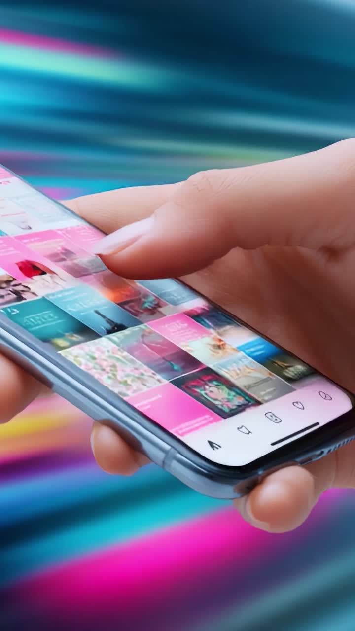 Engaging with Dynamic Visuals: A Close-Up of a Hand Navigating Through a Colorful Digital Interface on a Smartphone, Highlighting the Interactive Experience of Modern Technology and Media Consumption