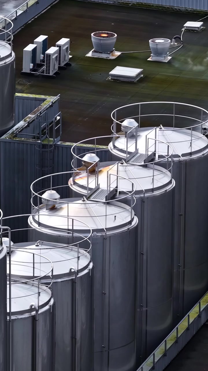 Large industrial storage tanks with metal walkways beside a factory building exterior