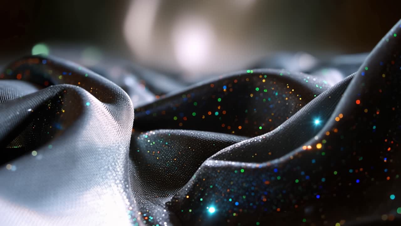 Dark fabric glows with sparkling light. Folds ripple softly, glowing particles dance. Mystical energy pulses through the material. Perfect for fantasy, sci-fi, or cosmic themes. No people, no animals