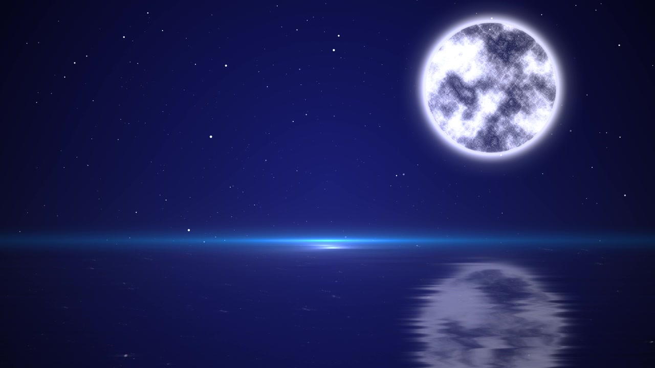 満月の夜、輝く海、月の光、星空、青い水平線、水面に映る柔らかな反射、穏やか