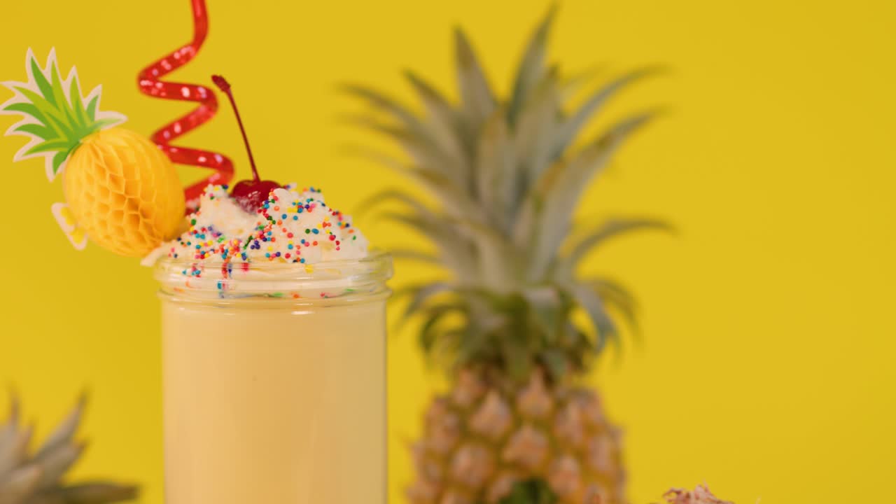 Creamy pineapple milkshake topped with whipped cream, cherry, sprinkles, and festive straw, bright lighting