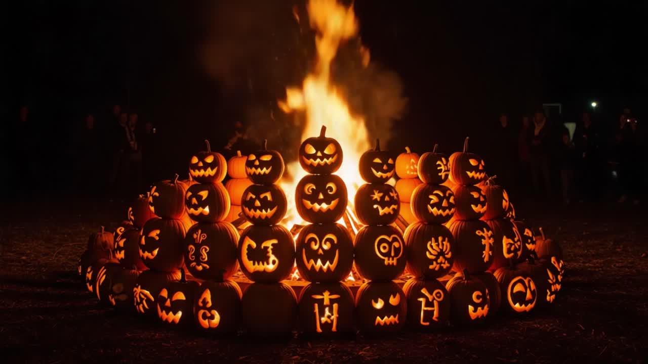 A mesmerizing display of intricately carved jack-o'-lanterns illuminated by a vibrant bonfire, creating a spooky yet festive ambiance for autumn celebrations