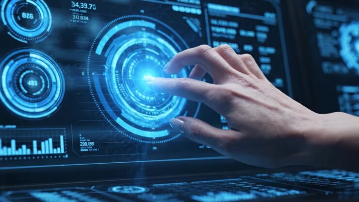 Interfaccia avanzata di visualizzazione e controllo dei dati: esplorazione di una dashboard touchscreen futuristica con grafici e metriche interattivi per l'analisi in tempo reale.