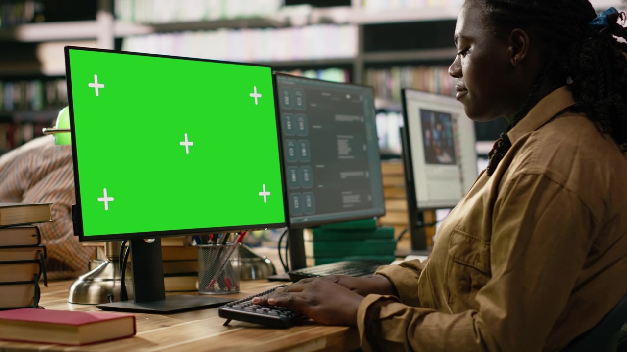 Green screen mockup på en stationær computer med tracking-markører