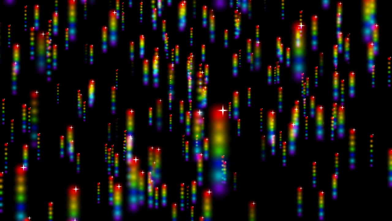 thousand particles abstract rainbow blur ball with white star element slow floating  fly and faded on black screen