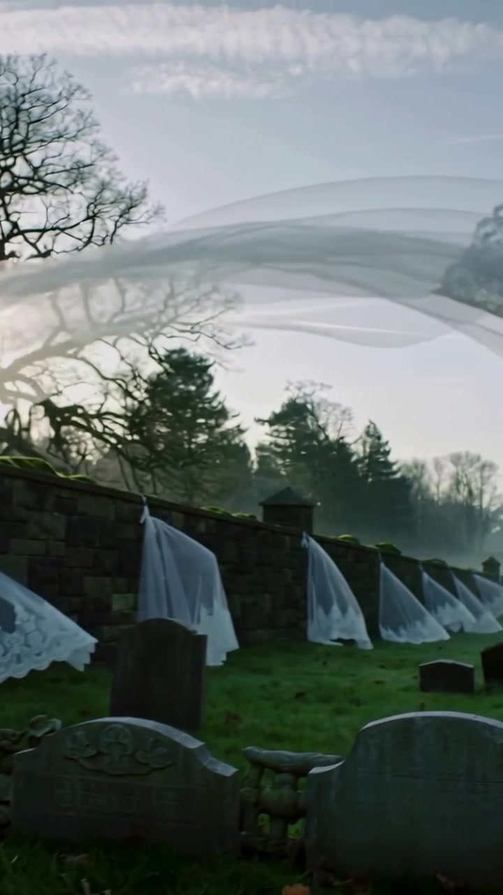 Video verticale: Veli ondeggianti che fluttuano oltre un cherubino consumato in un cimitero, con raffiche che rivelano le tombe.