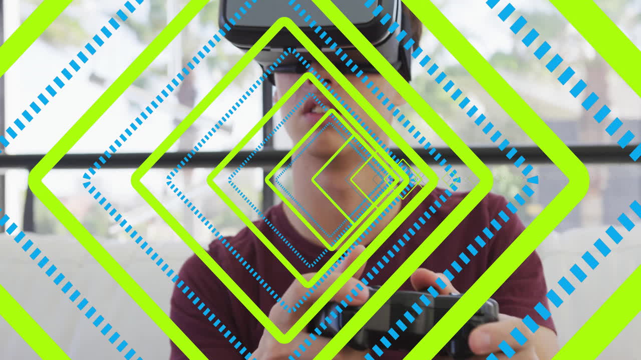 Using virtual reality headset, person experiencing geometric animation overlay in room