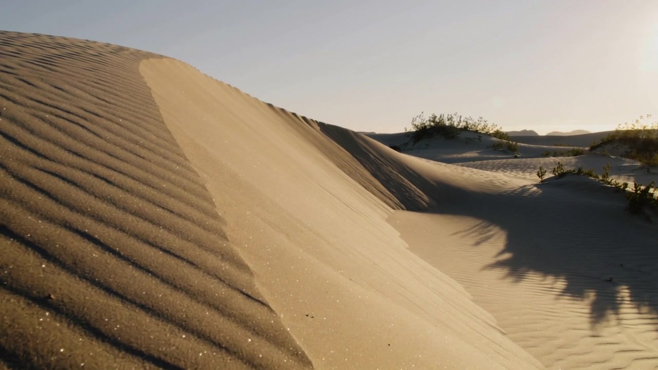 Panoramica della telecamera che rivela una grande duna nel deserto all'ora d'oro, catturando le increspature e la parete sottovento illuminata dal sole.