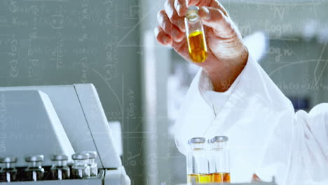 animation of chemical formulas over hands of caucasian male lab worker with sample