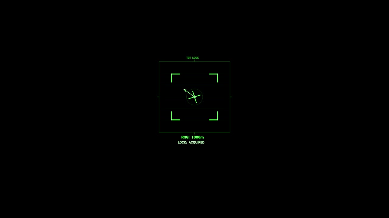 Green HUD targeting reticle with corner brackets, range data, and an animated tracking crosshair. This digital interface element loops seamlessly for video compositing.