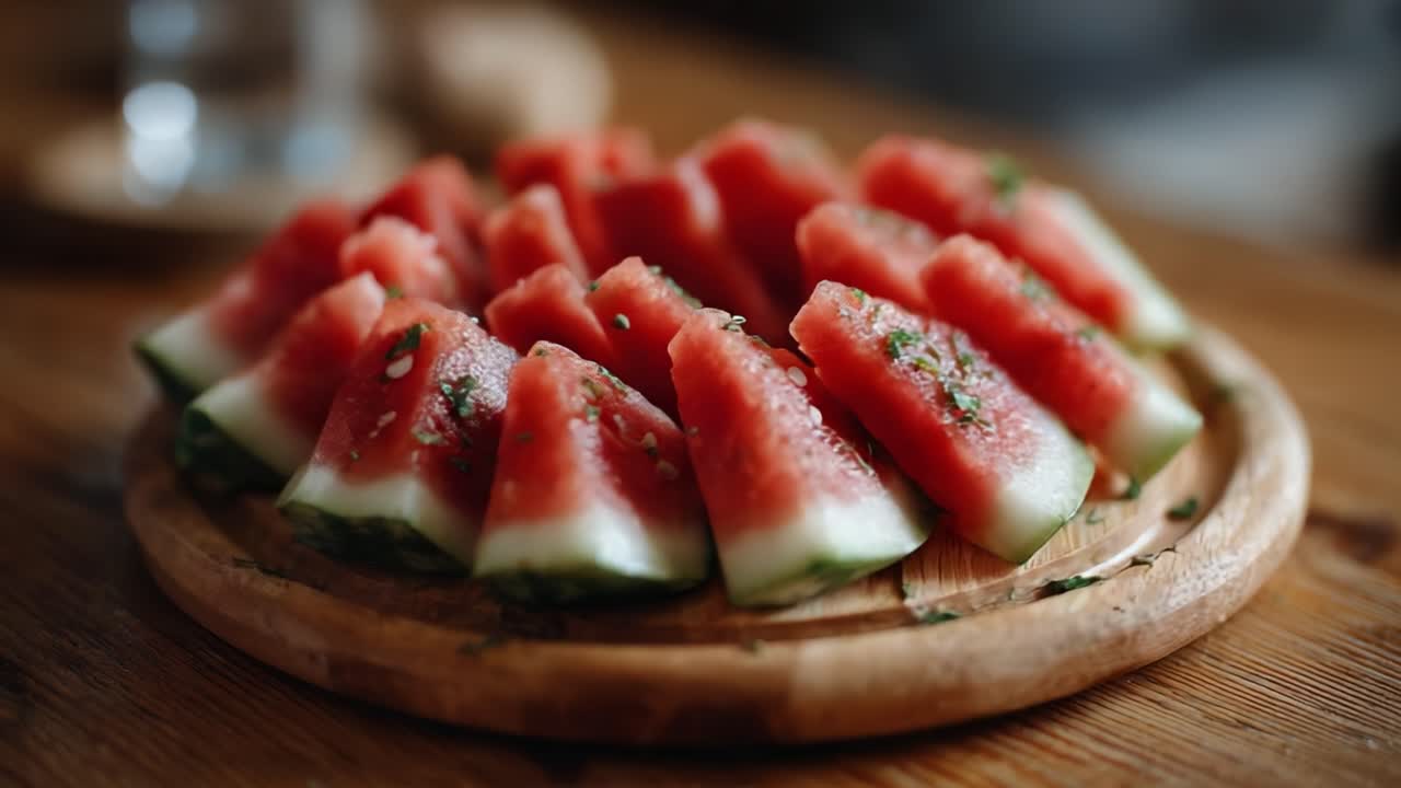 A Refreshing Arrangement of Juicy Watermelon Slices Garnished with Fresh Herbs Perfect for Summer Gatherings or Healthy Snacking on a Wooden Platter