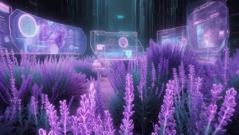 jardín de lavanda futurista con exhibiciones holográficas
