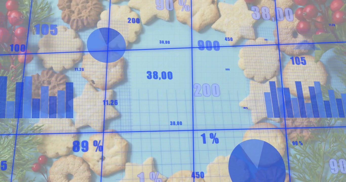 La scena si apre rivelando una sovrapposizione di dati, mentre i grafici aggiornano i numeri con una sequenza di torta in calo e in aumento.