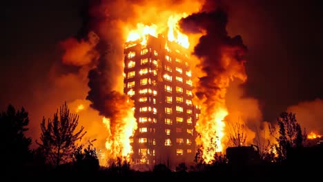 a tall building is engulfed by flames at night