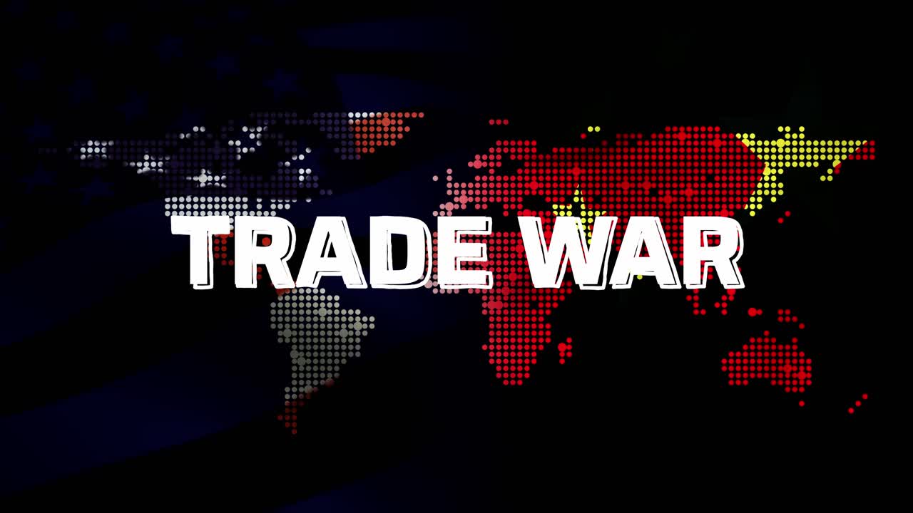 Trade War text of dotted US China map visualizing global economic confrontation