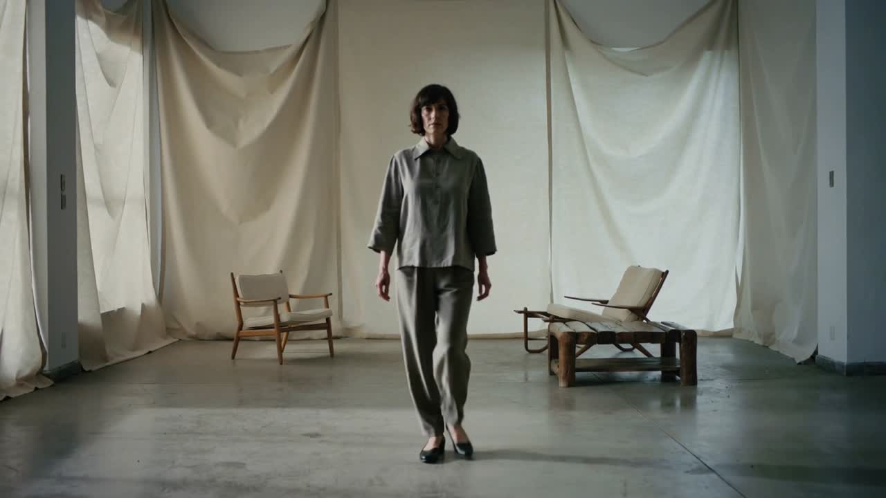 Donna che cammina con abbigliamento neutro, si muove verso la telecamera su segnale per la ripresa, in studio con panca in legno e drappi.