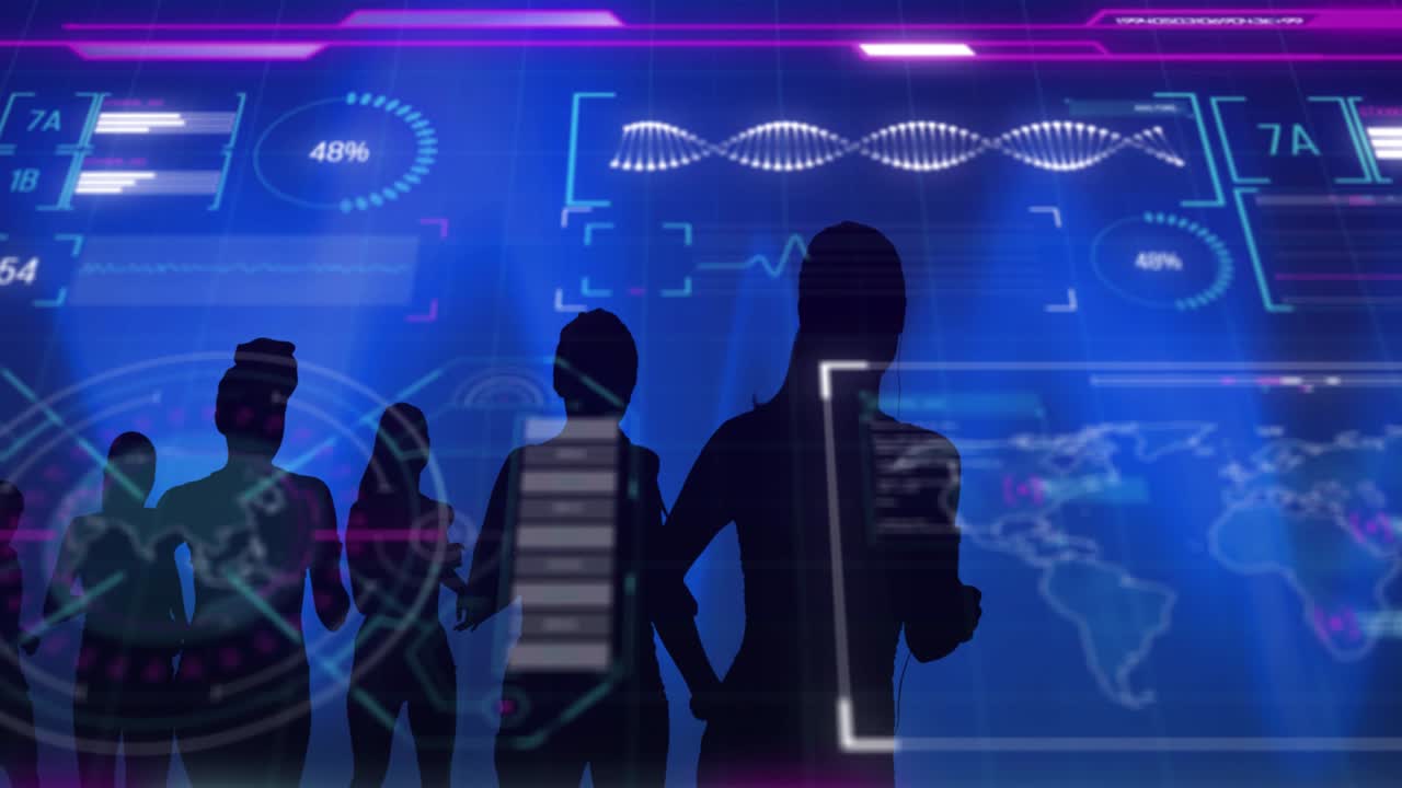 달리는 실루 운동선수 위에 빛나는 인터페이스 처리 데이터의 애니메이션