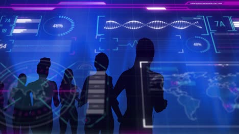 animación de una interfaz brillante que procesa datos sobre atletas en silueta corriendo