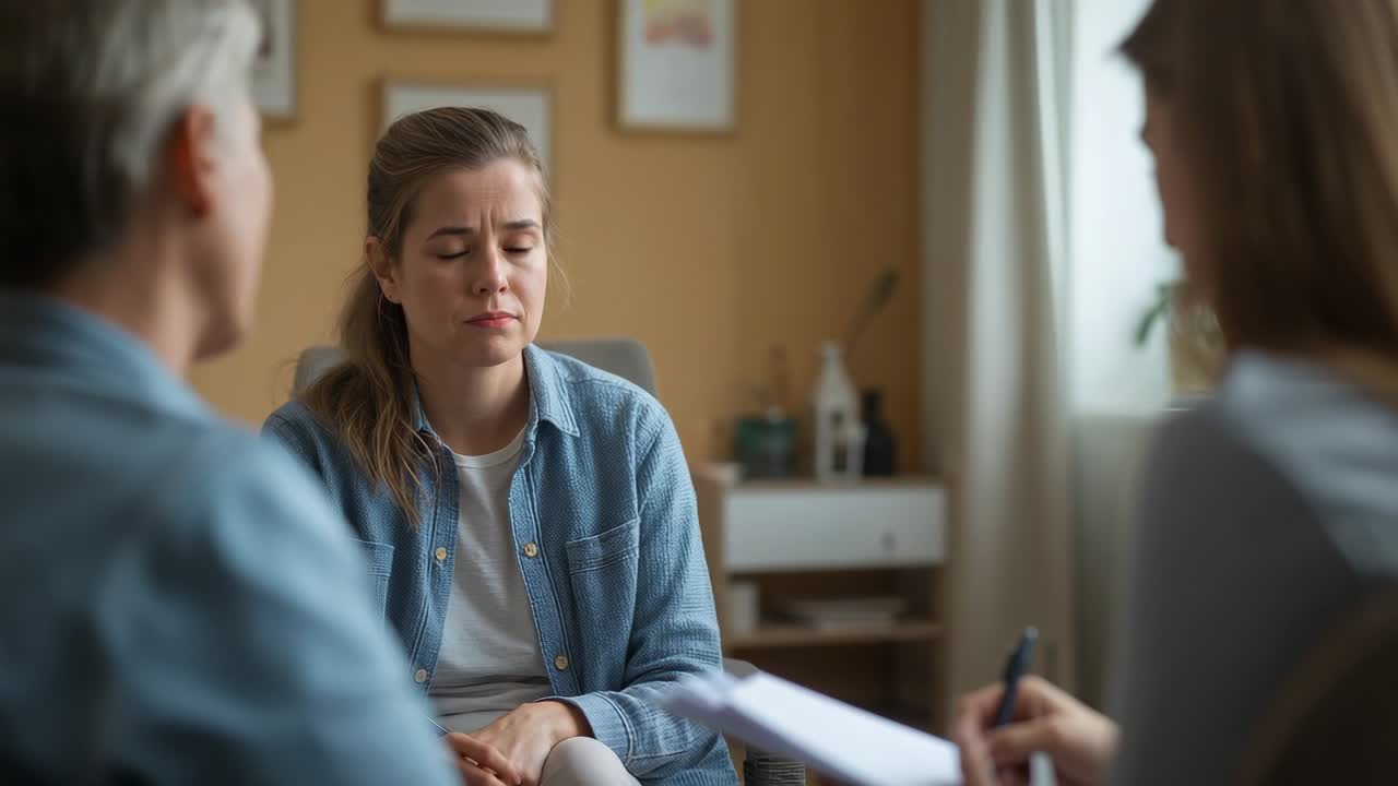 Lyttende kvinde i denimskjorte, der besvarer spørgsmål i et terapirum, mens en kuglepen bevæger sig på et clipboard