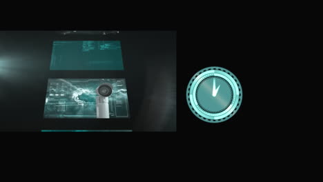 animación de reloj en movimiento y datos diversos en pantallas sobre fondo negro