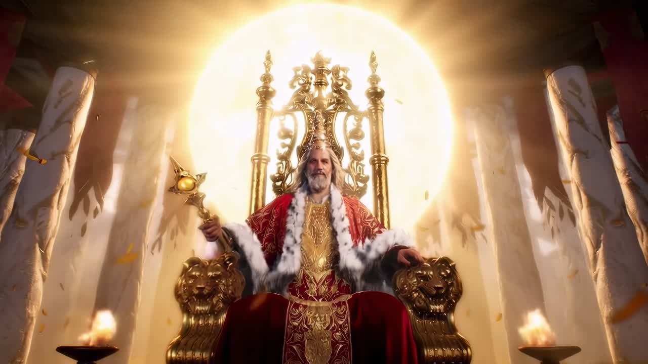Cena de vídeo épica de um rei num trono, filmada de um ângulo baixo, com iluminação dramática.