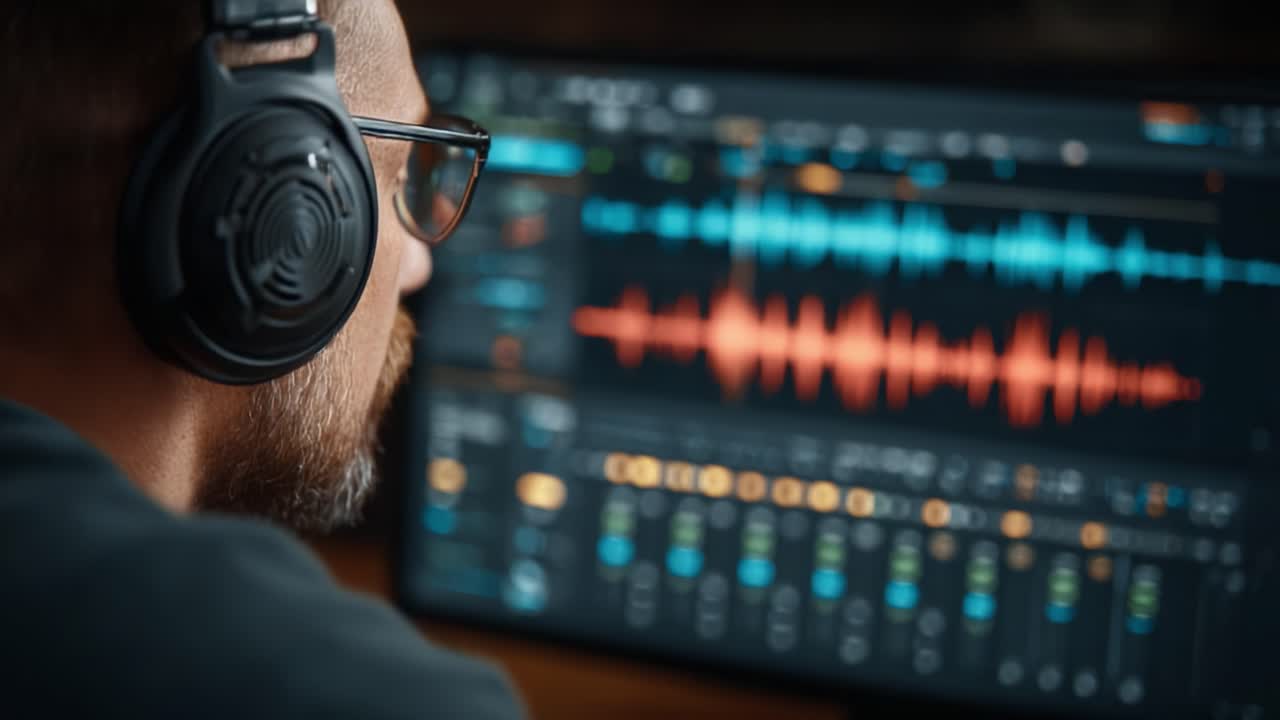 Focused Audio Producer Analyzing Waveforms and Sounds on Digital Audio Workstation Screen for Creative Music Production