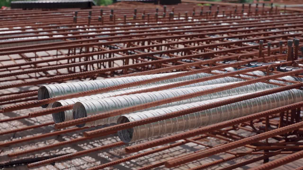 Metal reinforcing bars or rebar on a construction site waiting for the concrete to be poured