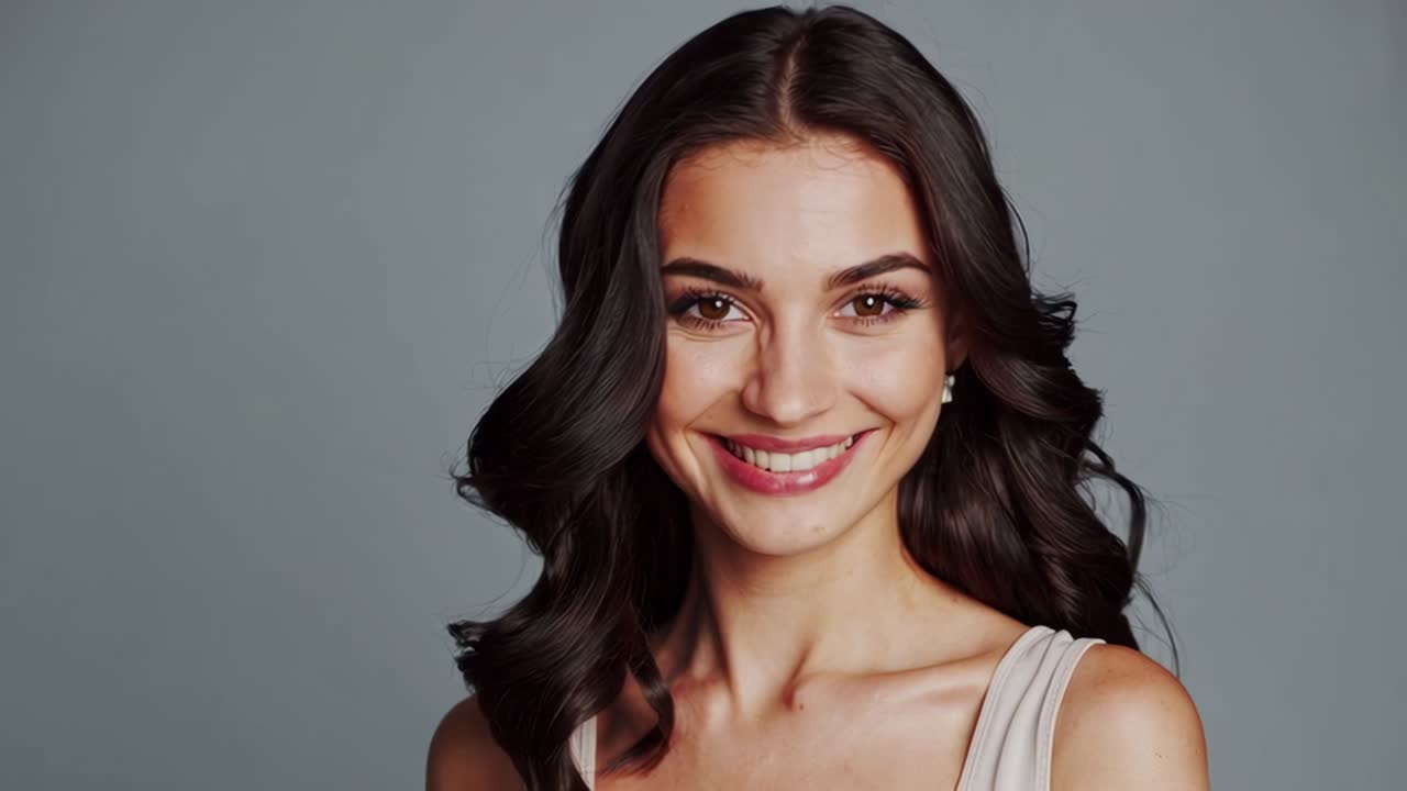 Close-up video of a woman with a neutral expression against a gray background