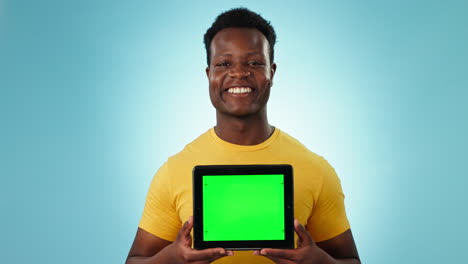 Face,-man-and-green-screen-space-on-tablet