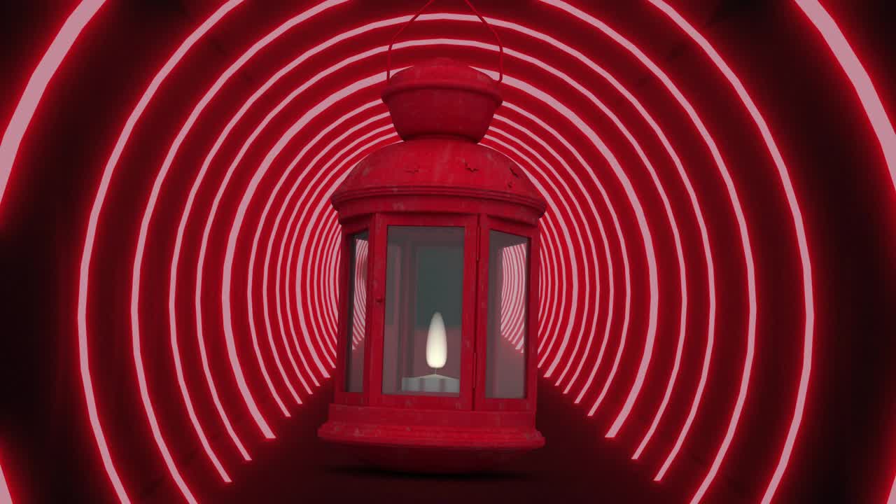 Neon rings appearing behind red metal lantern, pulsing and casting reflections, framing lantern