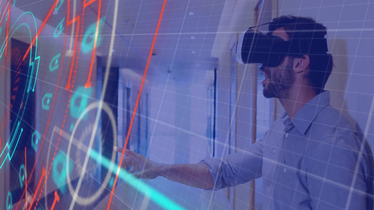 escáner de alcance de neón a través de la red de red contra el hombre gestando mientras lleva auriculares vr