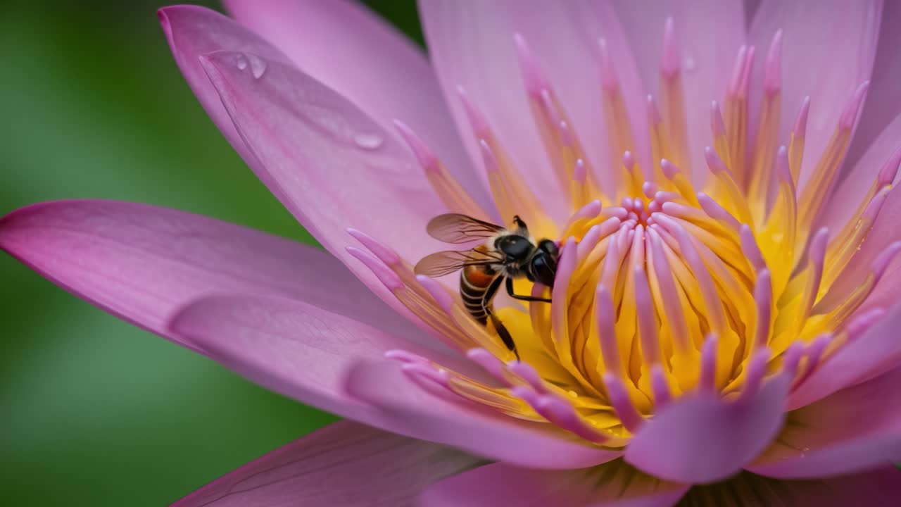 A Close-Up of a Bee Pollinating a Beautiful Pink Water Lily, Capturing the Intricate Details of Nature's Harmony and the Vital Role of Bees in Ecosystems