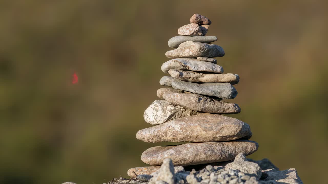 Cámara haciendo zoom y mostrando un pequeño hito de piedras planas sobre una cornisa rocosa, resaltando la grava suelta