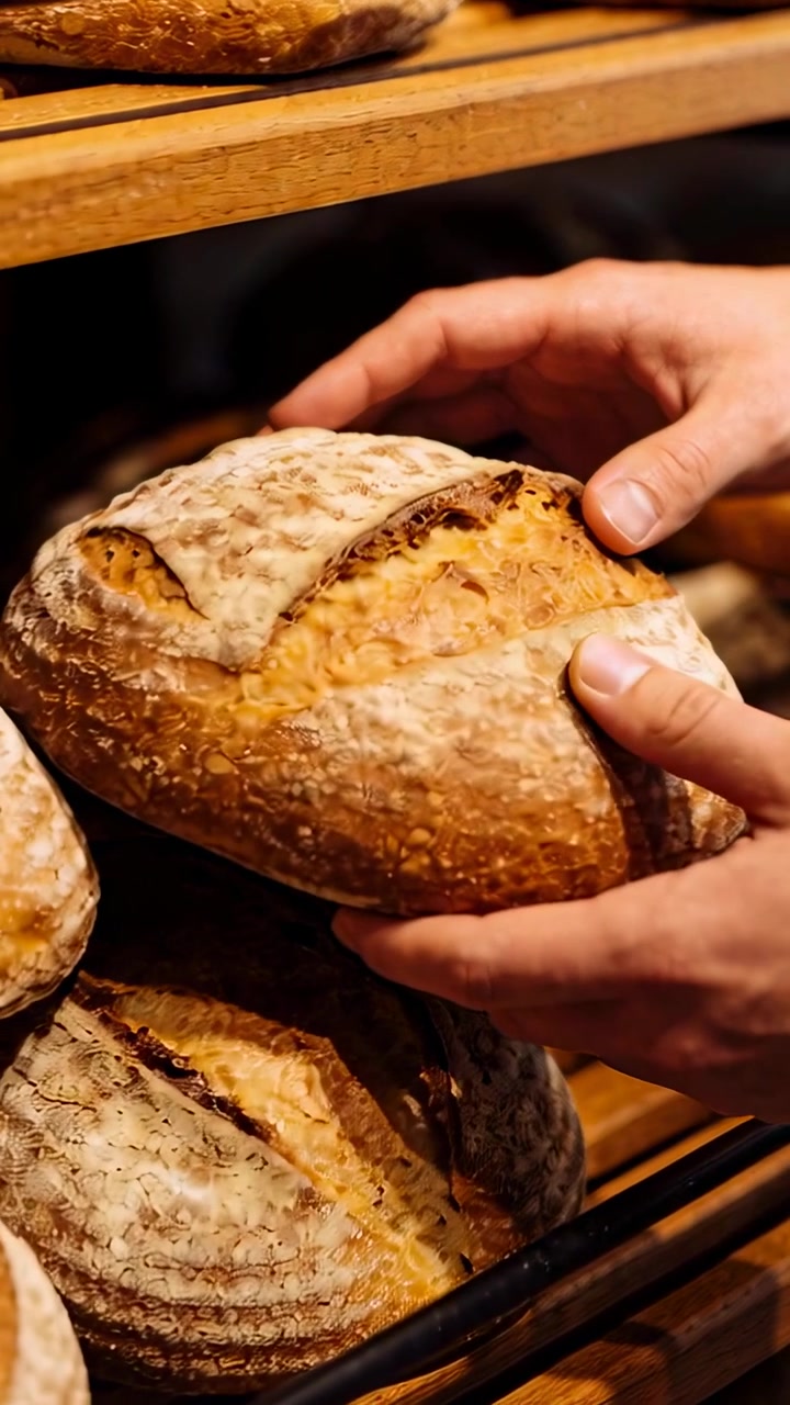 Vertical video: Entering from right baker hands cupping checking dusty loaf on wooden rack for sale