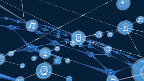 animation of network of connections with icons over blue net