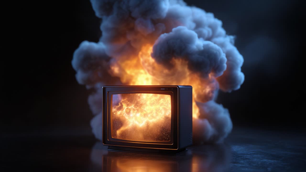 En eksplosion bryder ud fra et gammelt fjernsyn, opsluger det i flammer og røg, hvilket skaber en dramatisk kontrast i et mørkt, atmosfærisk miljø.