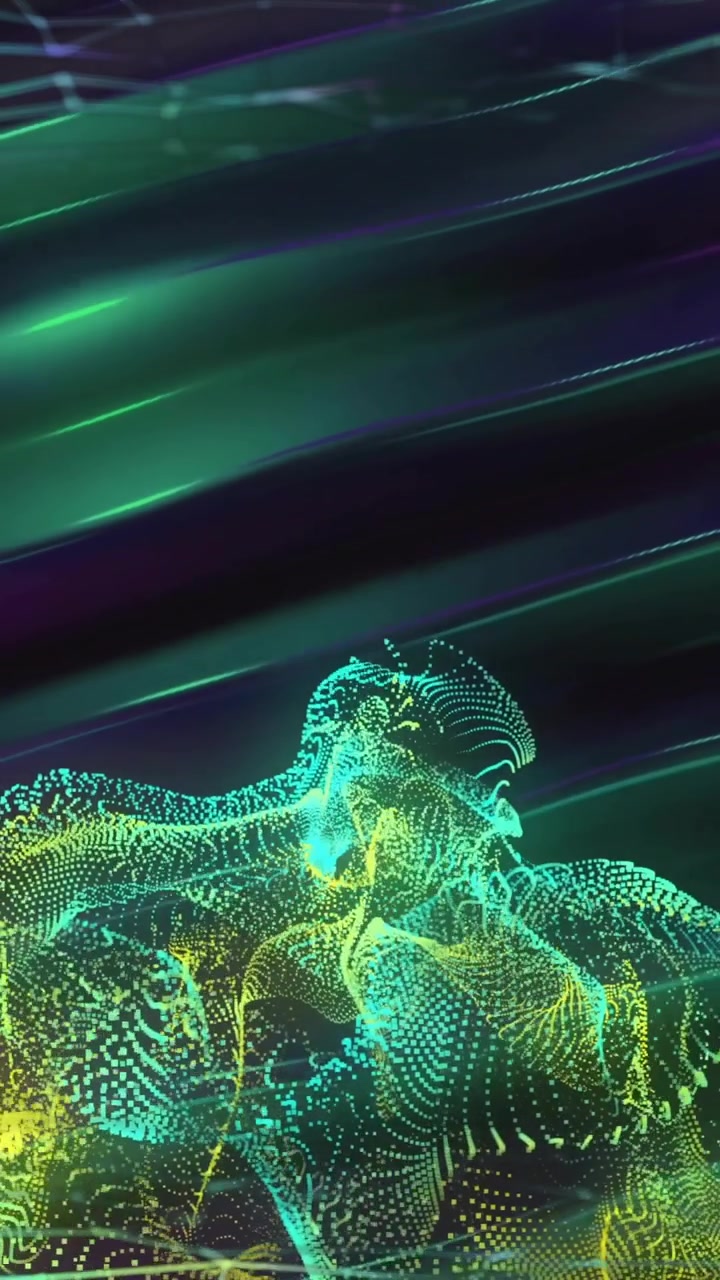 Animation of shapes over light trails on black background