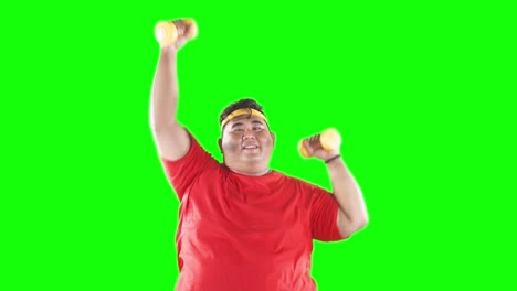 overweight man workout with dumbbells in studio