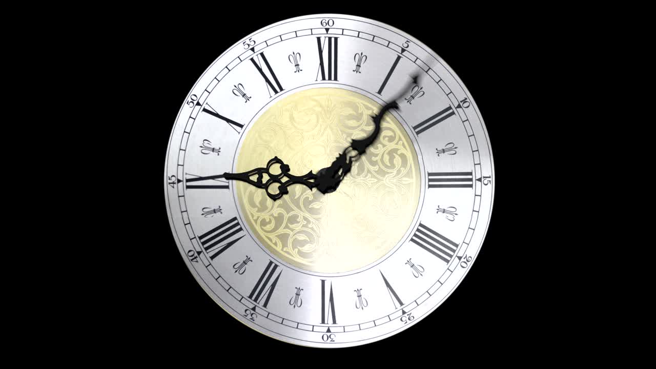 Clock face running backward at speed ornate grandfather time travel 4K