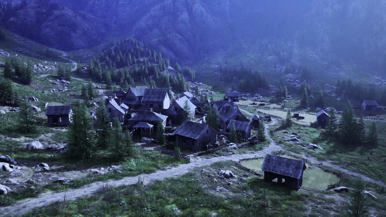 Quiet village nestled in the mountains during a misty twilight hour