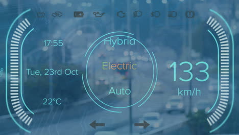 animation of electric car digital data processing over city