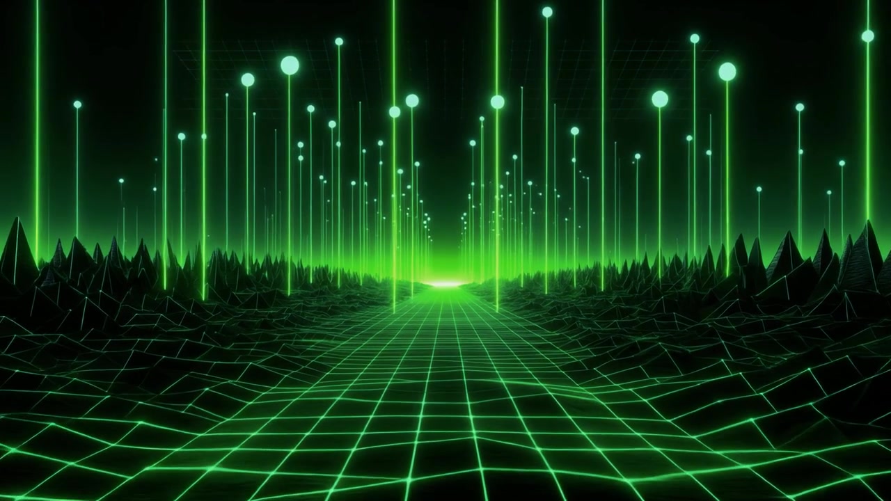 Futuristisk digitalt landskab med glødende grønne datastråler
