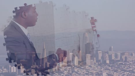 animación de un hombre de negocios apretando la mano sobre el paisaje urbano