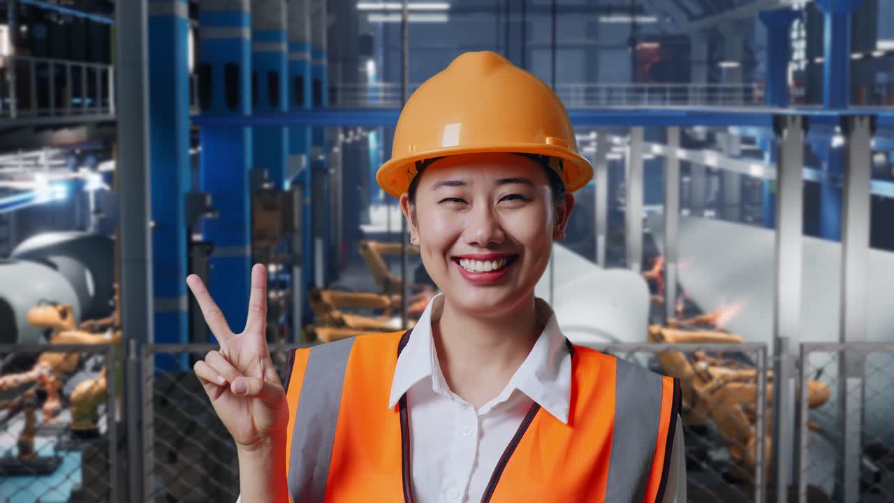 안전 헬을 착용한 아시아 여성 엔지니어가 풍력 터빈 제조 공장에서 앉아 웃으며 로 팔이 작동하는 동안 평화의 몸짓을 보여줍니다.