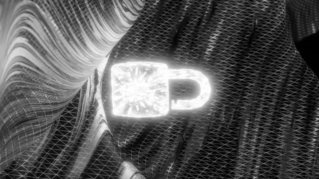 Glowing white padlock over abstract digital mesh surface in dark space. Cyber security and data encryption concept. Design for banner, poster, wallpaper, vertical