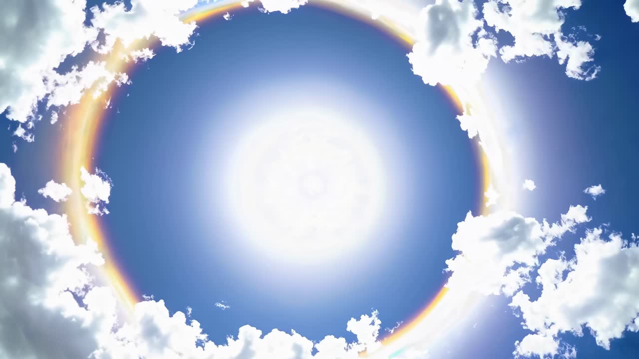 A video captures a circular rainbow in a clear blue sky, viewed from a low angle
