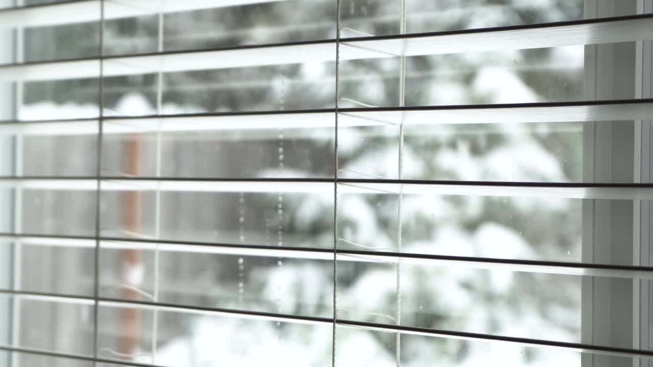 창문과 블라인드를 통해 교외 뒷마당에 부드럽게 내리는 눈