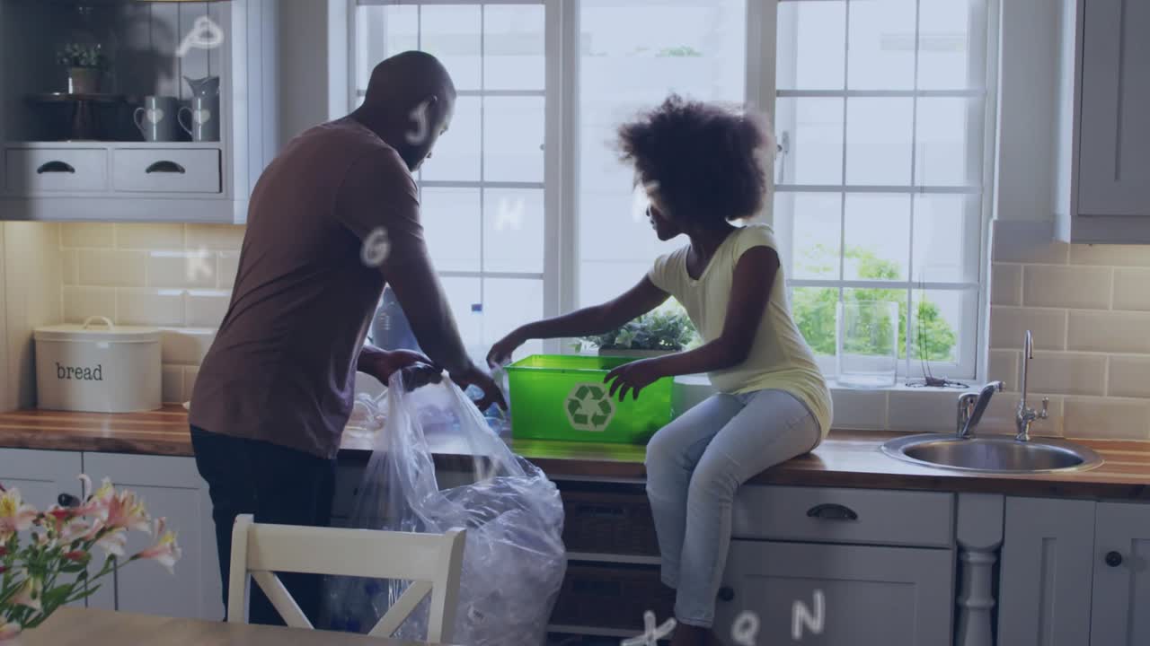 Man bringing clear bag, girl sorting on counter into green recycling bin, animated icons guiding